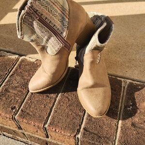 Unlisted by Kenneth Cole Taupe Suede Ankle Boots with Patterned Fabric Shaft